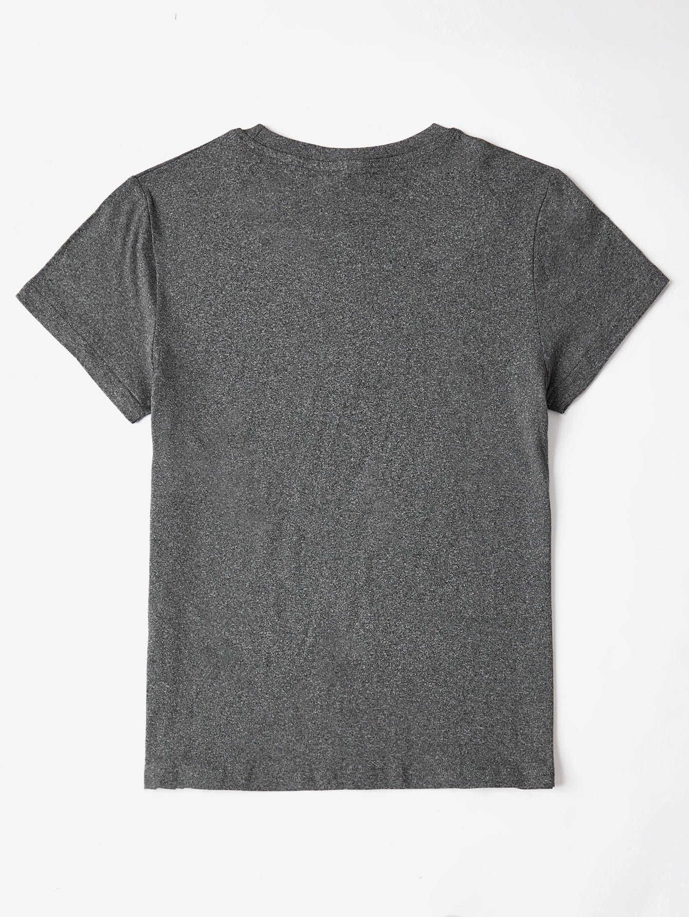 Gray graphic t-shirt with short sleeves and a crew neck.