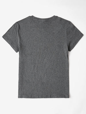 Gray graphic t-shirt with short sleeves and a crew neck.