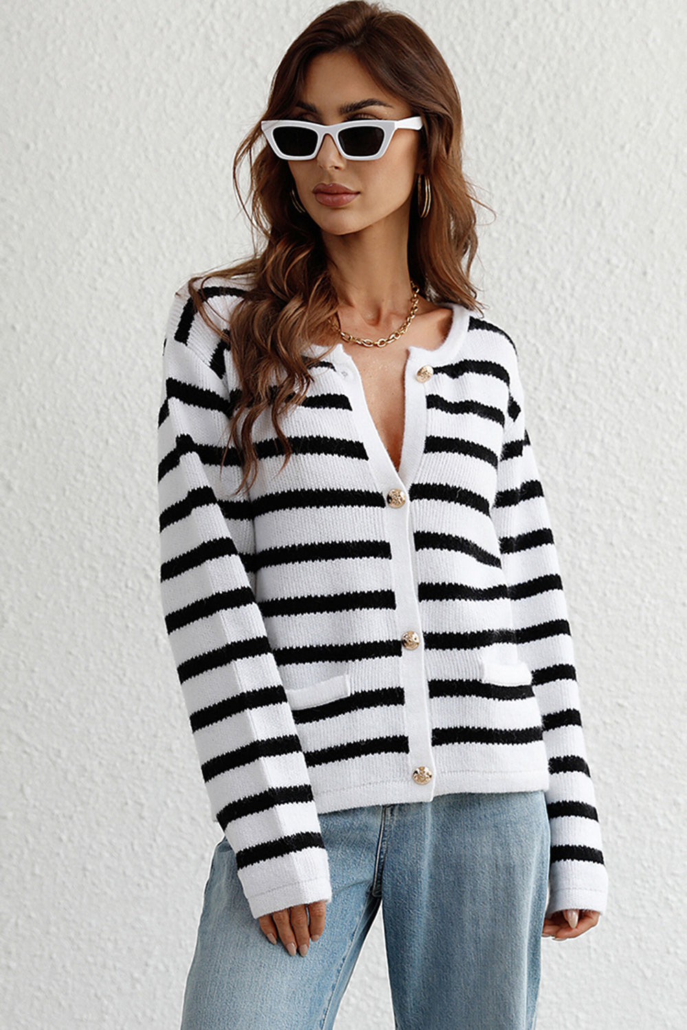Nautical stripe knit cardigan with gold buttons and pockets