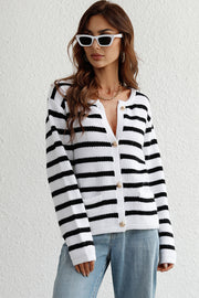 Nautical stripe knit cardigan with gold buttons and pockets