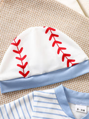 Baby bodysuit set with baseball-themed hat and blue striped bodysuit