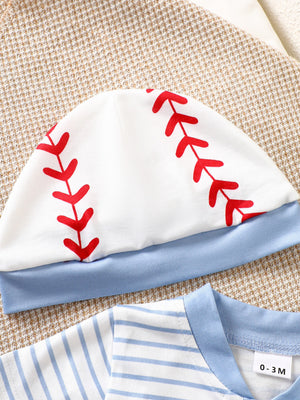 Baby bodysuit set with baseball-themed hat and blue striped bodysuit