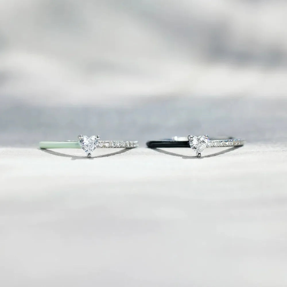Enamel heart ring with pave band in light green and black, 925 sterling silver.