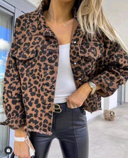 Leopard print denim jacket with button front and frayed hem