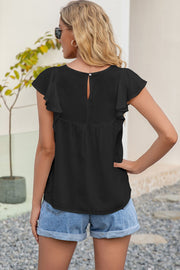 Black ruffle sleeve blouse with embroidered yoke detail and keyhole back.