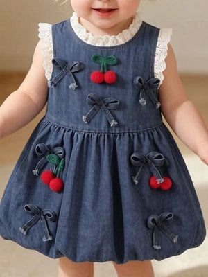 Children's Denim Cherry Applique Dress in Navy, front view