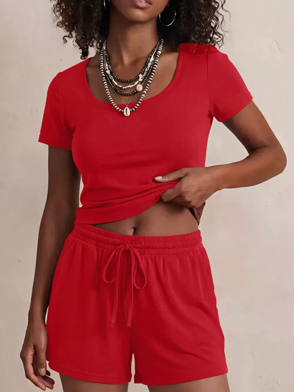 Bright Red scoop-neck tee and drawstring shorts set.