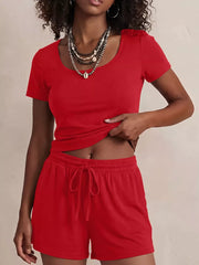 Bright Red scoop-neck tee and drawstring shorts set.