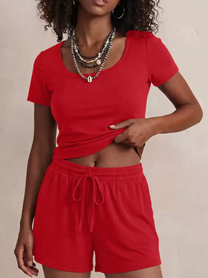 Bright Red scoop-neck tee and drawstring shorts set.