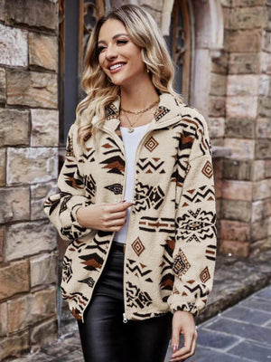 Tan Aztec Sherpa Zip-Up Jacket with a full zip and stand-up collar.