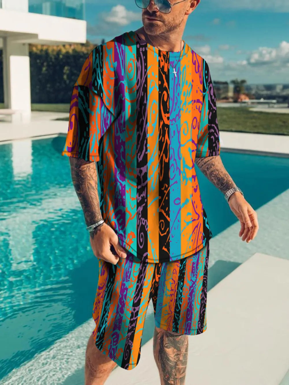 Men's Full Size Striped Short Sleeve Top & Shorts Set, close-up detail