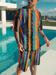 Men's Full Size Striped Short Sleeve Top & Shorts Set, close-up detail