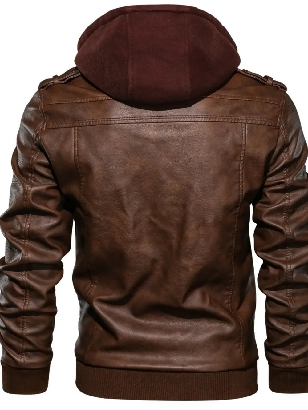 Men's Full Size Hooded Faux Leather Motorcycle Jacket in Black, fabric detail
