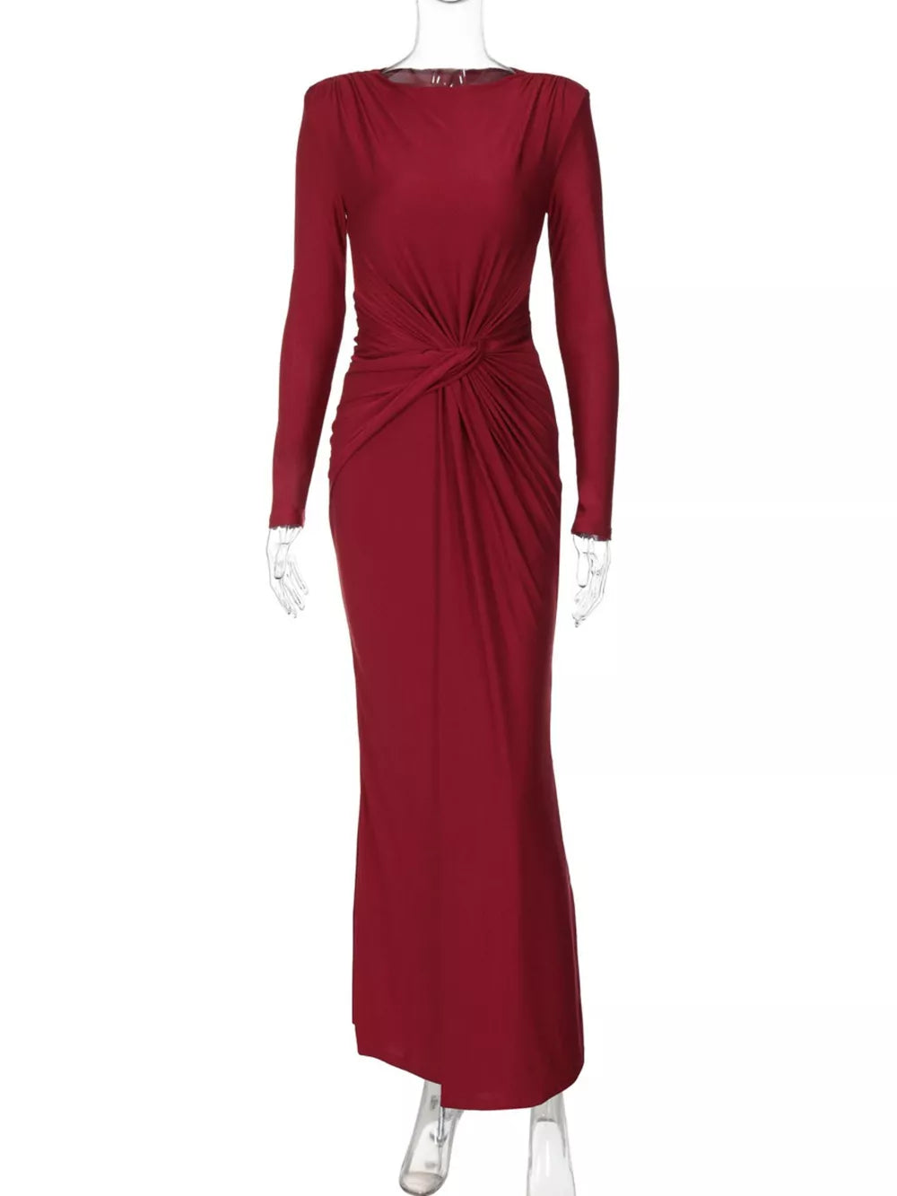 Red long sleeve maxi dress with ruched knot detail and boat neckline.