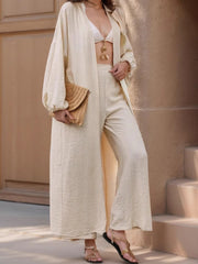 Tan voluminous sleeve duster and wide leg pants set with textured fabric