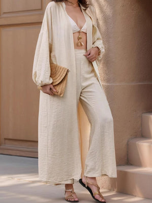 Tan voluminous sleeve duster and wide leg pants set with textured fabric