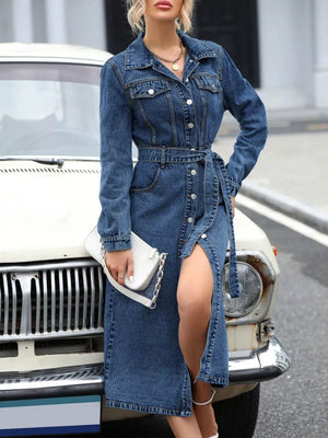 Belted Long Sleeve Denim Dress, close-up detail