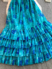 Blue floral mesh maxi dress with tiered ruffled skirt detail