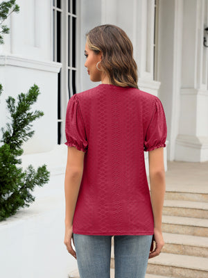 Burgundy eyelet puff sleeve v-neck blouse with ruffled cuffs