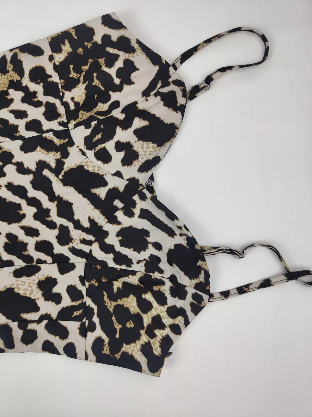 Leopard print sweetheart neck maxi swim dress with adjustable straps.