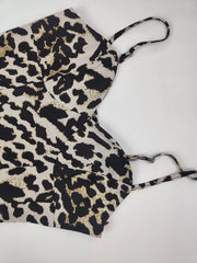 Leopard print sweetheart neck maxi swim dress with adjustable straps.