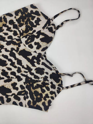 Leopard print sweetheart neck maxi swim dress with adjustable straps.