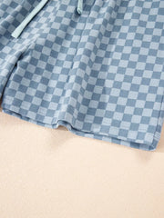 Light blue checkerboard loungewear shorts with drawstring detail