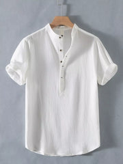 White cotton short sleeve shirt with band collar and button detail