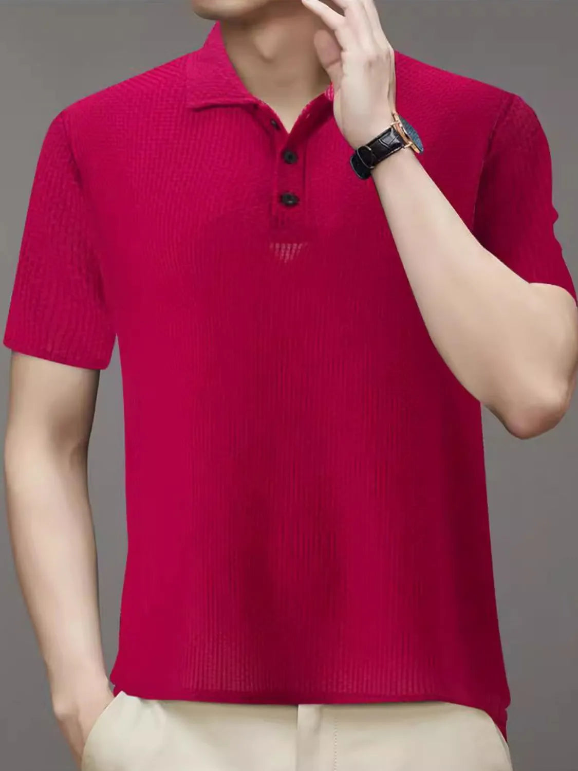 Deep Red textured knit polo shirt with short sleeves and a two-button placket.
