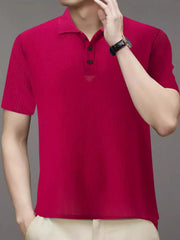 Deep Red textured knit polo shirt with short sleeves and a two-button placket.