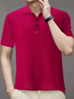 Deep Red textured knit polo shirt with short sleeves and a two-button placket.