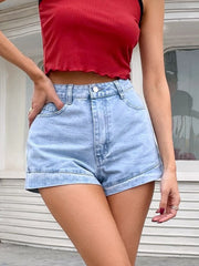 Light wash denim shorts with rolled hems and button fly.