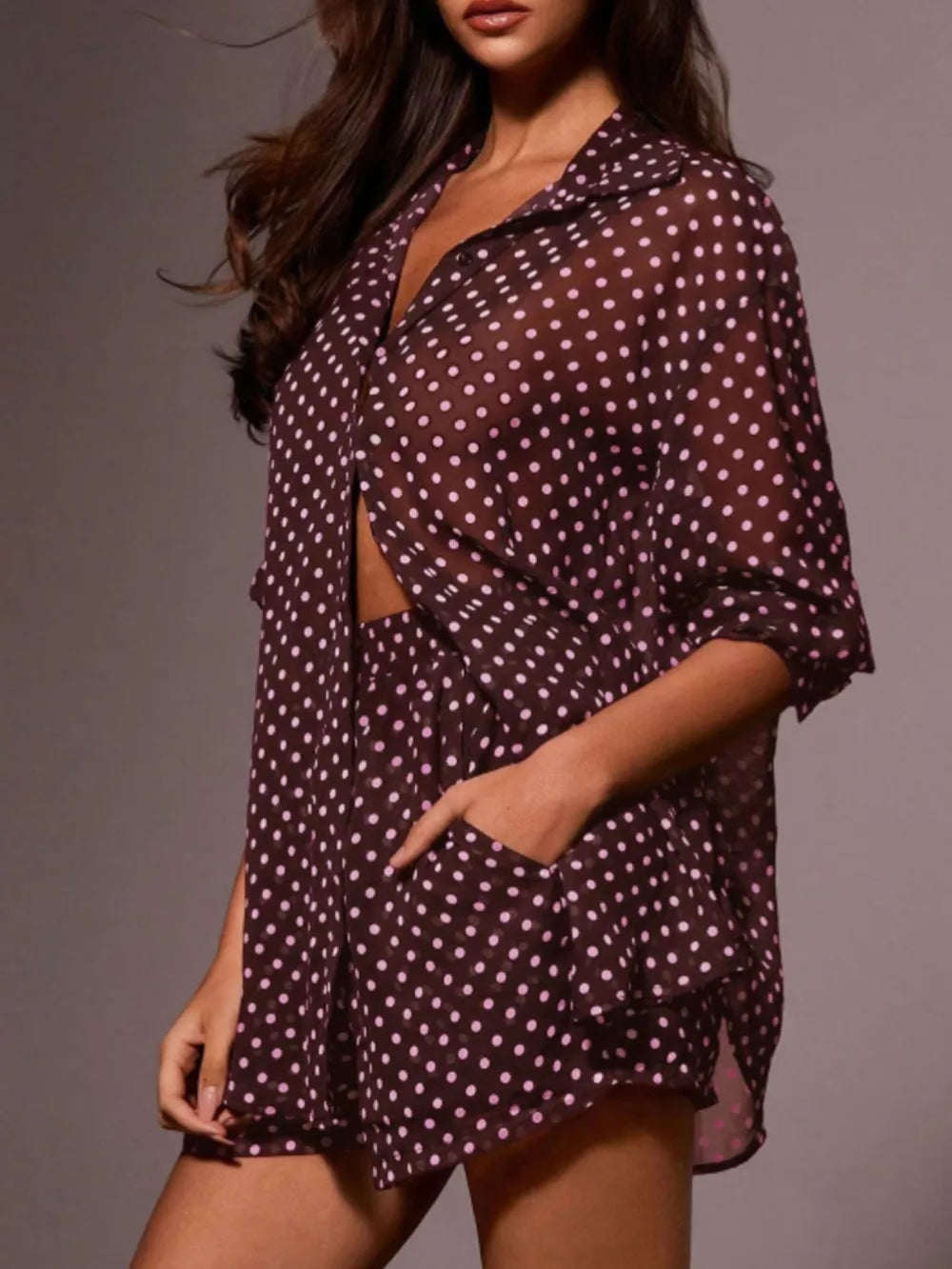 Burgundy polka dot sheer two-piece set with button-up shirt and shorts with pockets.