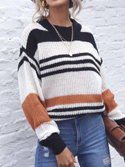 Casual striped knit sweater with color block accents in beige, black, and white acrylic.