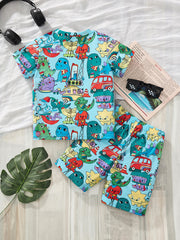 Toddler dinosaur print t-shirt and shorts set, light blue with cartoon dinosaurs and vehicles.