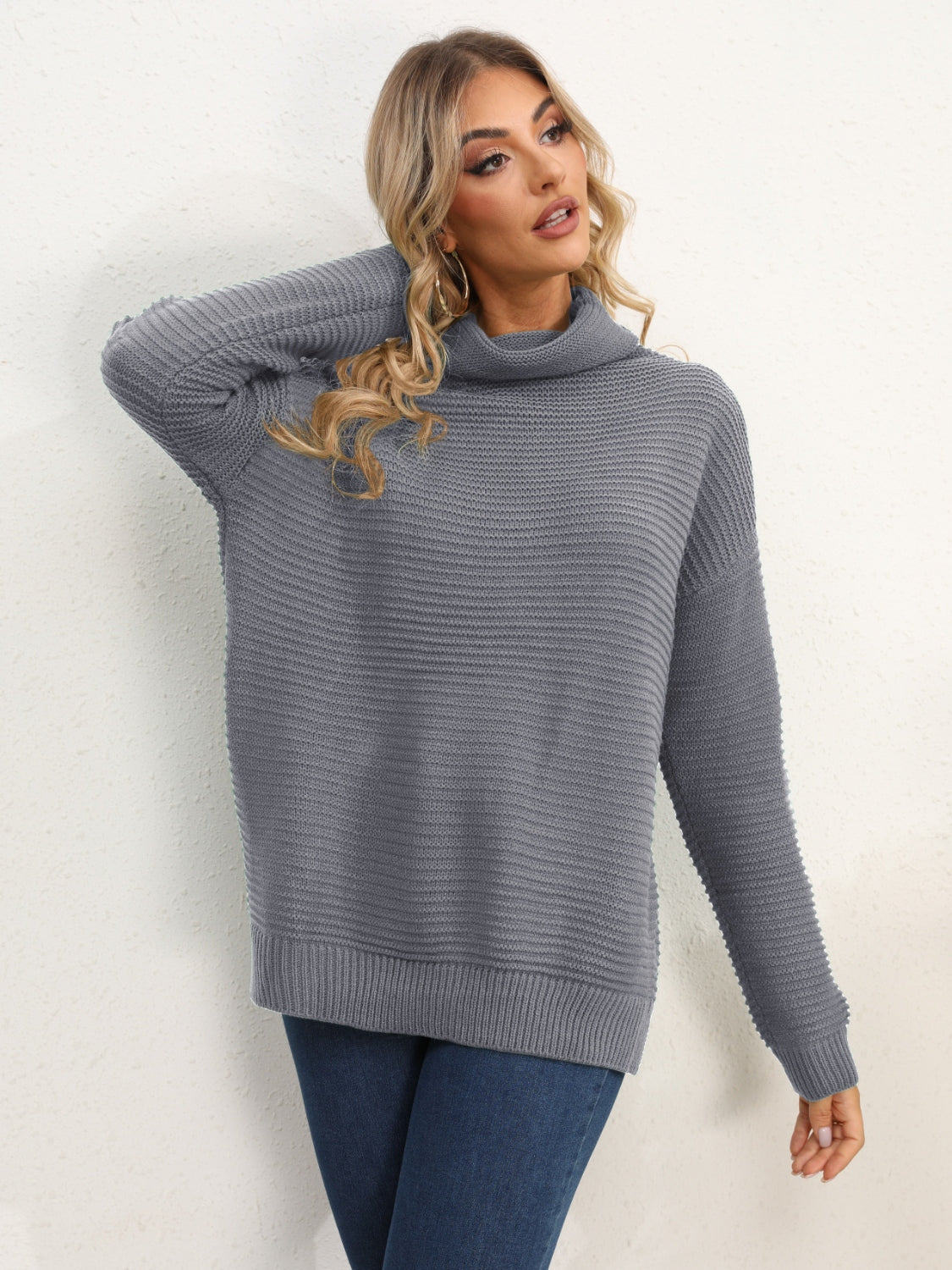 Dark Gray textured knit oversized turtleneck pullover sweater with ribbed details.