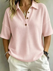 Full Size Waffle Knit Polo Top Plus Size, fabric detail