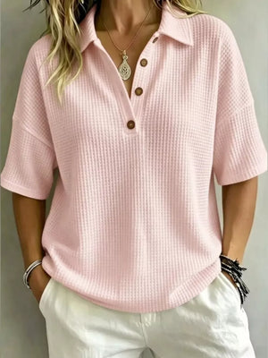 Full Size Waffle Knit Polo Top Plus Size, fabric detail