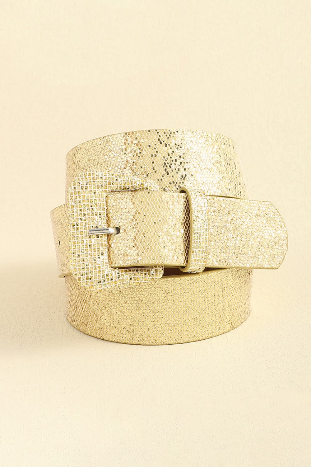 Gold glitter belt with a square buckle and textured finish.
