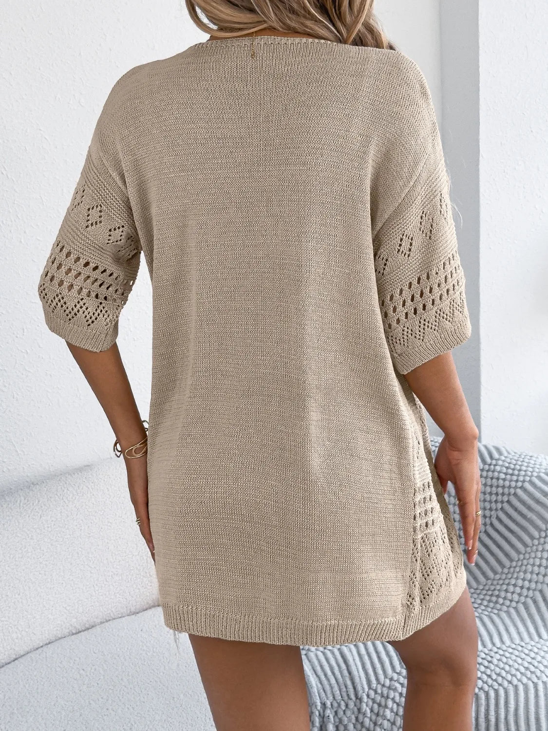 Tan open-knit short sleeve duster cardigan with diamond pattern detail on sleeves and sides.