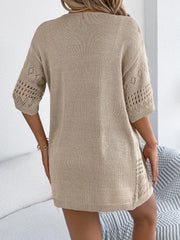 Tan open-knit short sleeve duster cardigan with diamond pattern detail on sleeves and sides.
