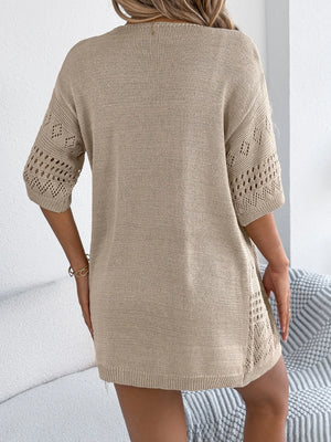 Tan open-knit short sleeve duster cardigan with diamond pattern detail on sleeves and sides.