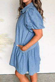 Denim dress with puff sleeves, ruffled hem, and pockets.