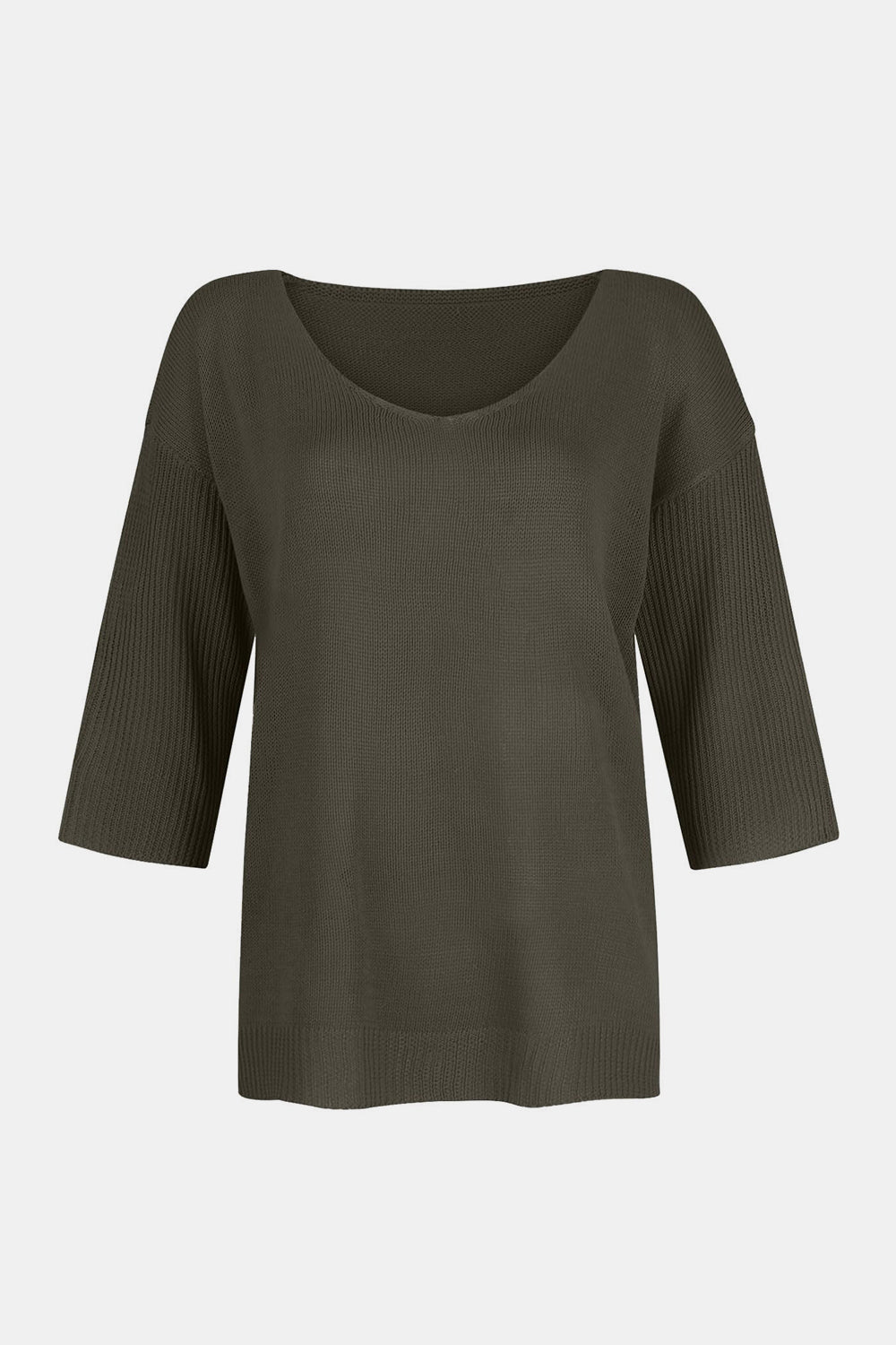 Flared sleeve v-neck knit top in Gum Leaf with ribbed sleeves.