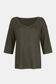 Flared sleeve v-neck knit top in Gum Leaf with ribbed sleeves.