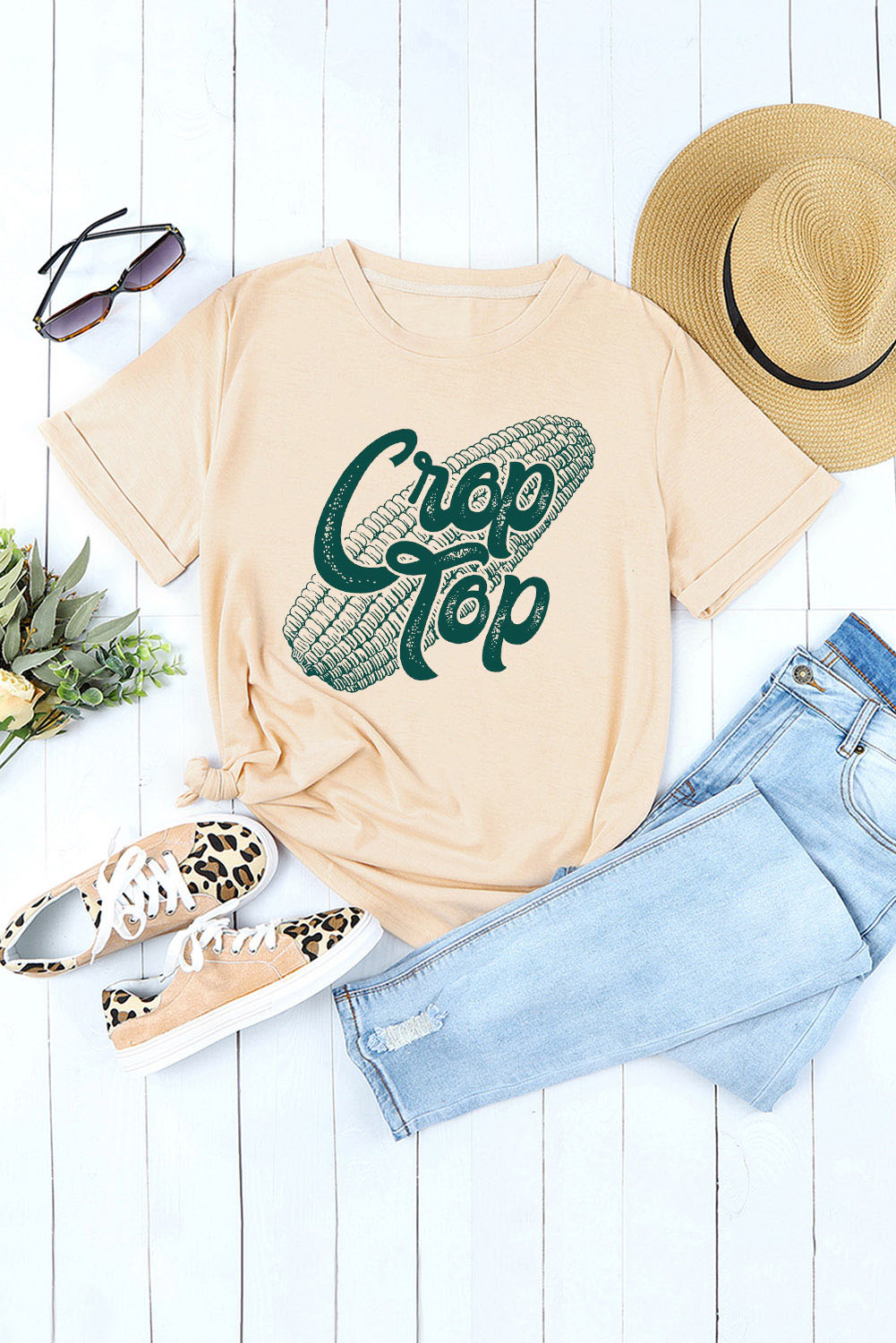 Sand crop top graphic tee with rolled sleeves and corn graphic.