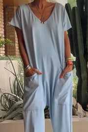 Casual V-neck Short Sleeve Jumpsuit With Pockets in Orange, view 16