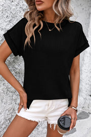 Black vertical ribbed tee with short sleeves and split hem detail