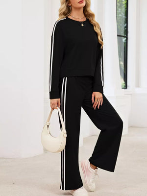 Striped Round Neck Sweatshirt And Pants Set in Black, product detail