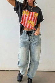 Retro cheetah graphic cotton t-shirt with pink and red stripes, crew neck, short sleeves.